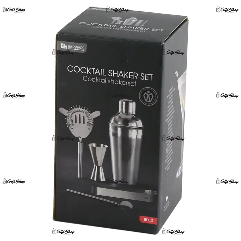 Set cocktail shaker, 5 piese, argintiu